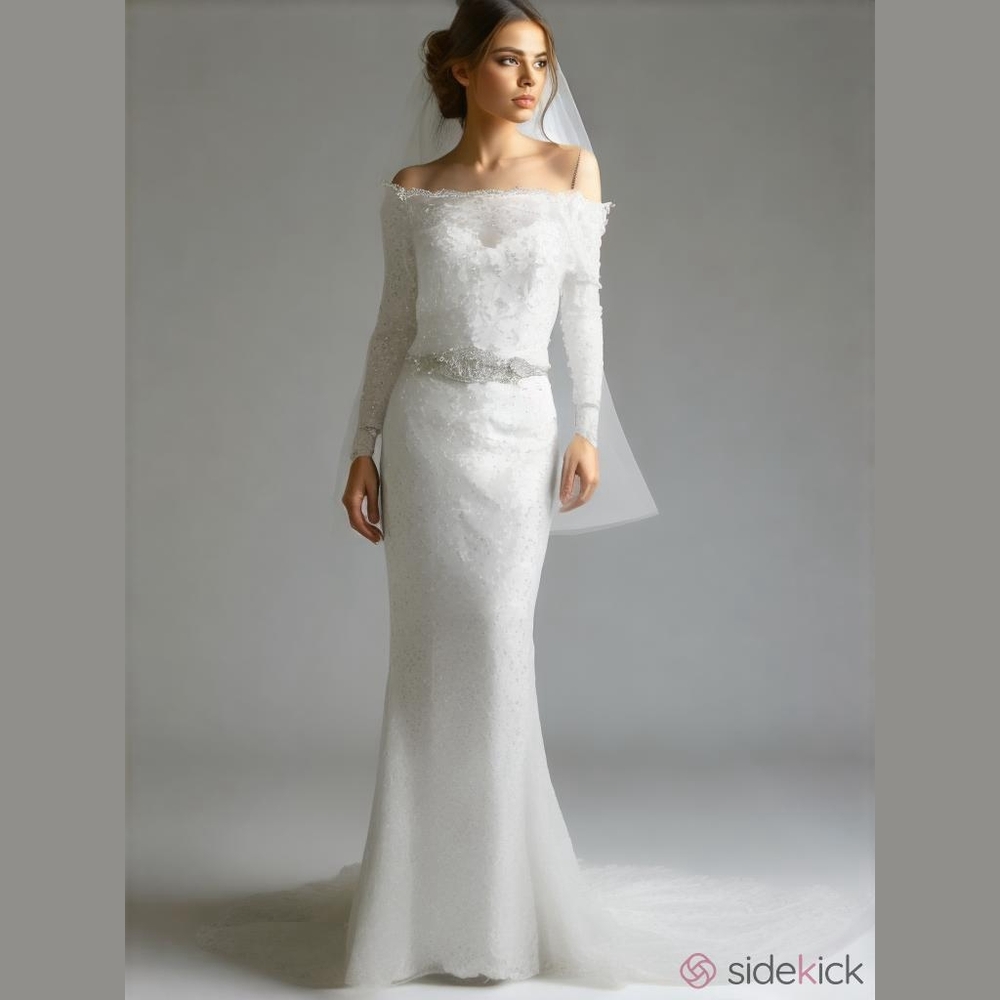 Oleg Cassini Dress Wedding White Size 6 Beaded Lace Off-the-Shoulder
